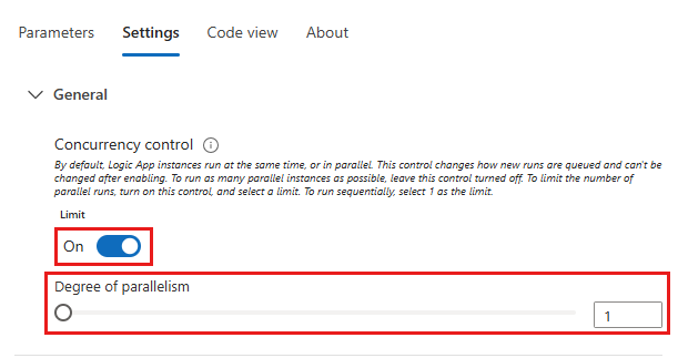 A captura de tela mostra a ação For each, a guia Configurações e a configuração de Controle de simultaneidade ativada com o controle deslizante de grau de paralelismo definido como 1.