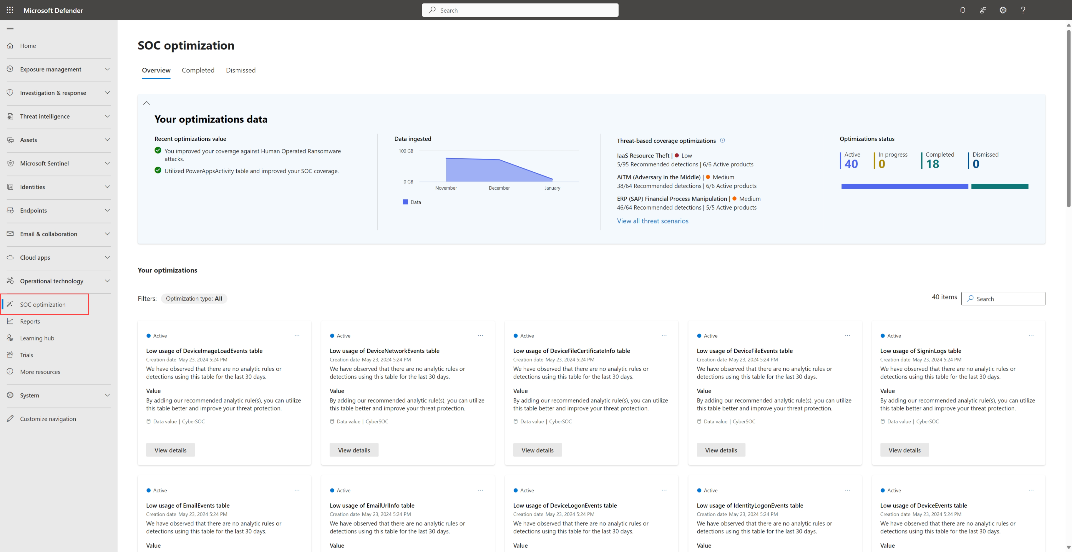 Captura de tela da página de otimização do SOC no portal do Azure.
