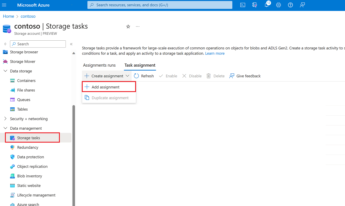 Captura de tela da página Atribuições que aparece no contexto de uma conta de armazenamento.