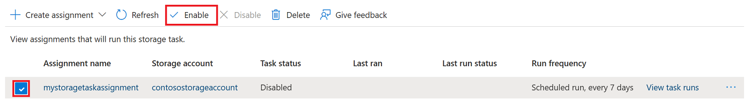 Captura de tela do botão Habilitar na página Atribuições.