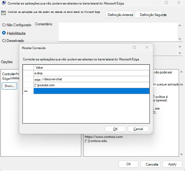 Utilize a política de grupo para controlar as aplicações que não podem ser abertas na barra lateral.