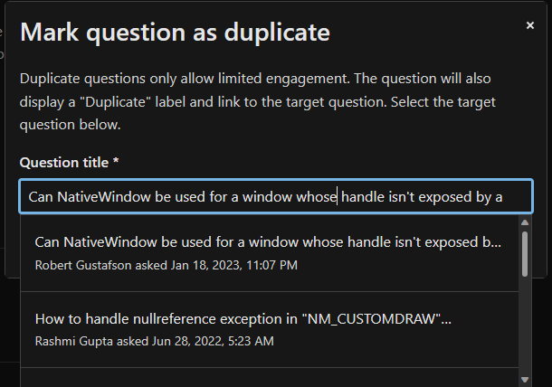 Captura de tela do modal de pergunta duplicado usando o título da pergunta.