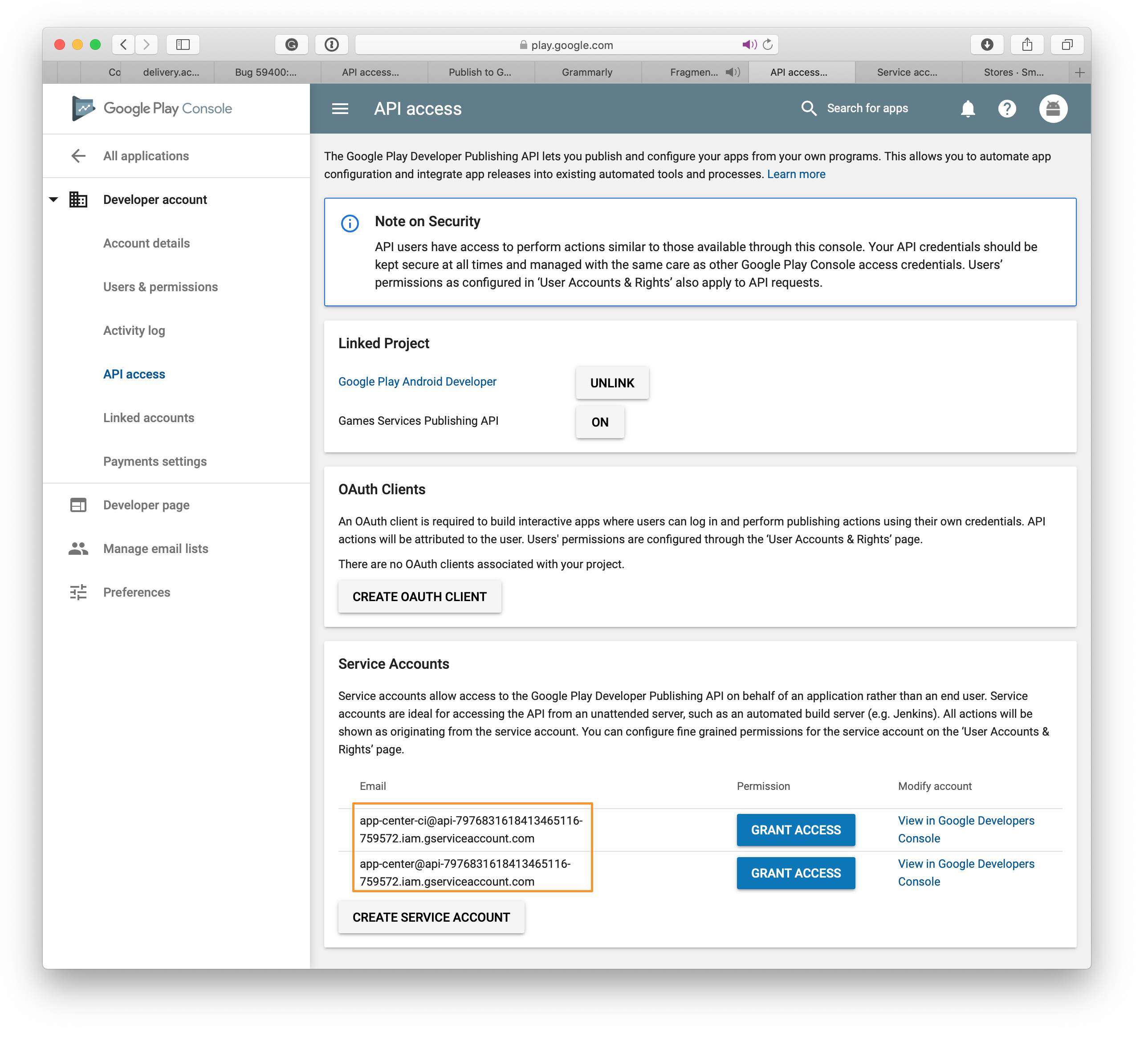 Google Play: Tela original com nova conta de serviço