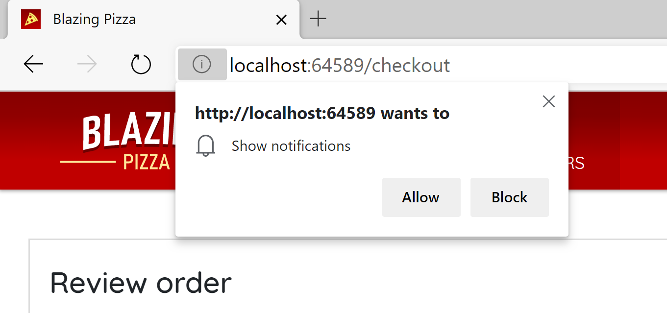 O aplicativo Blazing Pizza solicita permissão do usuário para mostrar notificações.
