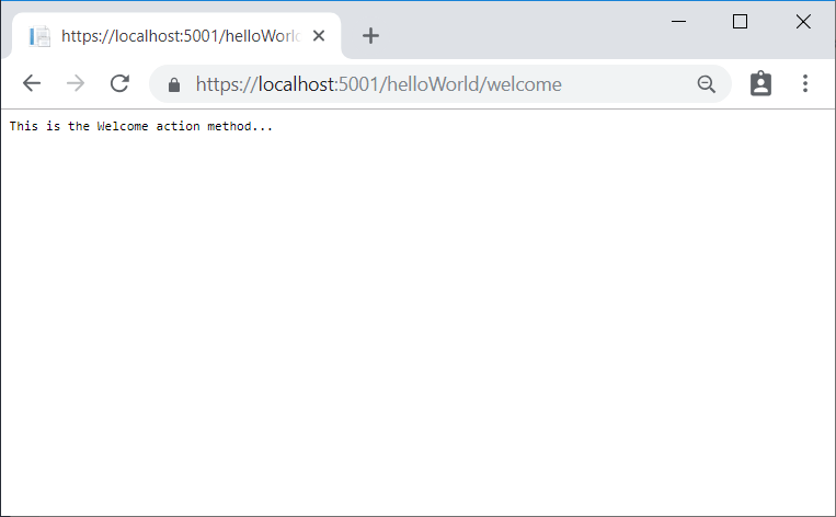 Janela do navegador mostrando a resposta do aplicativo Este é o método de ação Boas-vindas