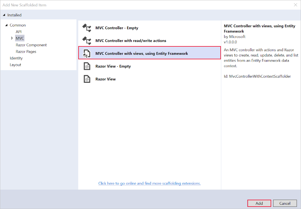 Caixa de diálogo Adicionar Scaffold
