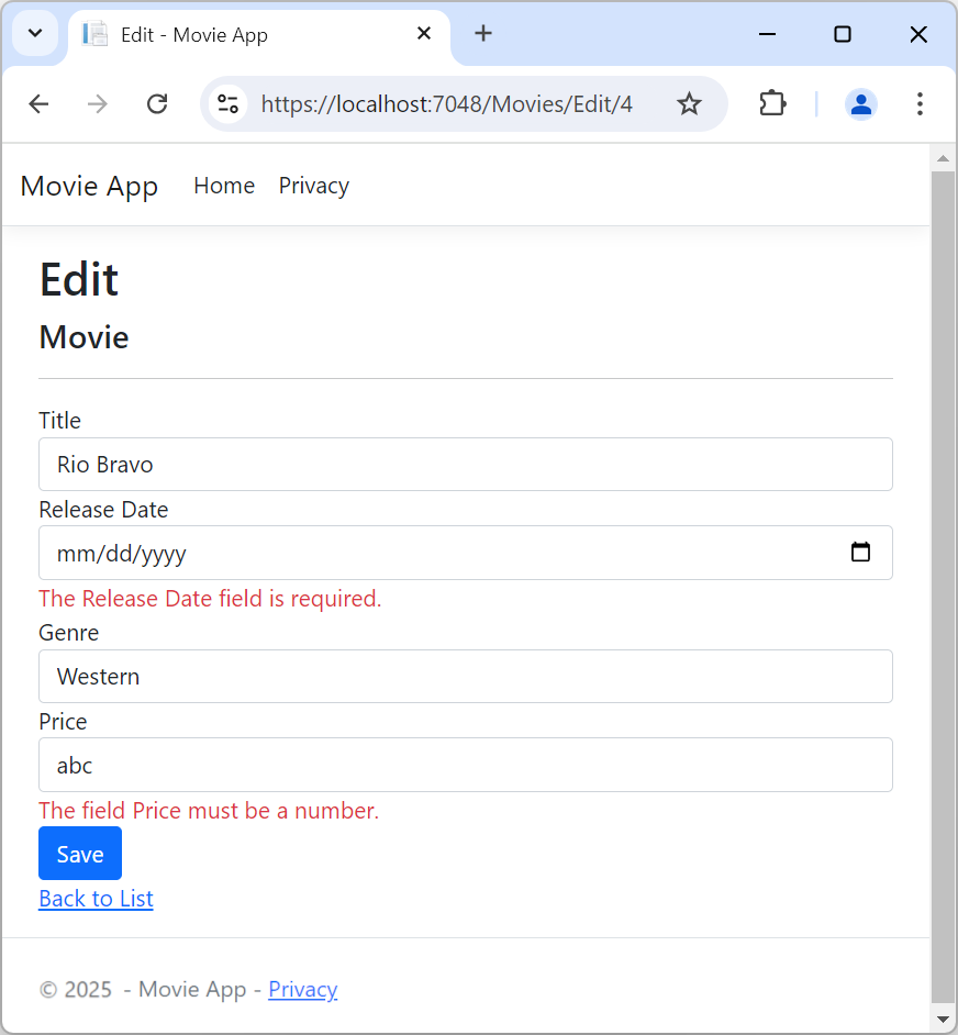Exibição de edição: uma exceção para o valor de Preço incorreto abc informa que o campo Preço deve ser um número. Uma exceção para um valor incorreto de Data de Lançamento dos estados xyz; insira uma data válida.