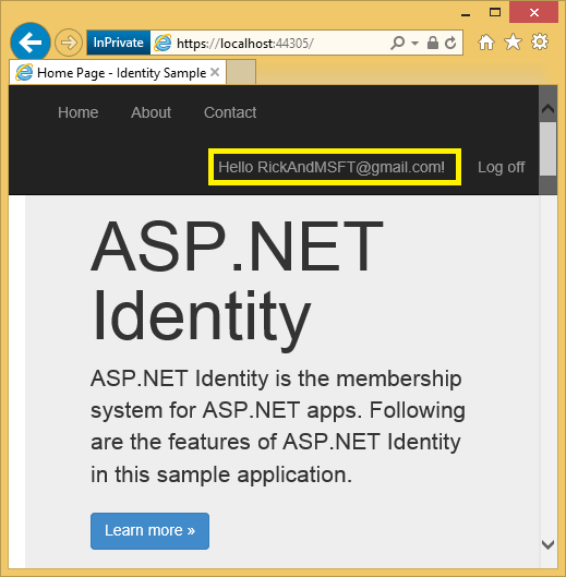 Captura de tela exibindo a página inicial do aplicativo ASP.NET. Um exemplo de ID de usuário está em destaque.