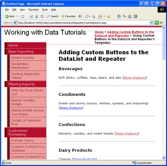 O nome e a descrição de cada categoria são exibidos, juntamente com um LinkButton mostrar produtos
