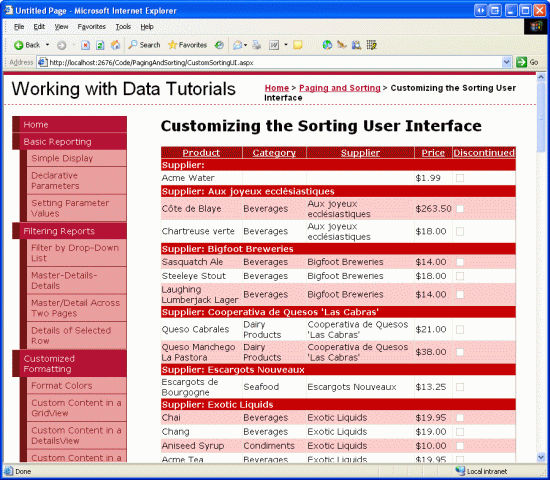 A interface de classificação inclui cabeçalhos de grupo ao classificar por BoundFields