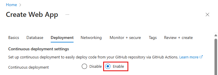 Captura de tela que mostra como habilitar a implantação do GitHub Actions na guia Implantação do Serviço de Aplicativo.