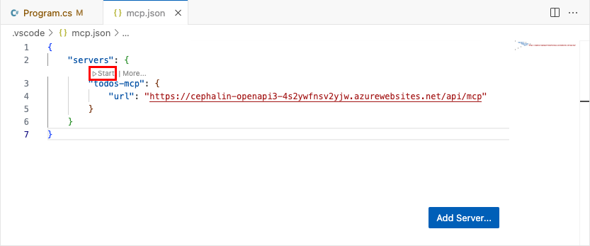 Captura de tela mostrando como iniciar manualmente um servidor MCP do arquivo de mcp.json local.