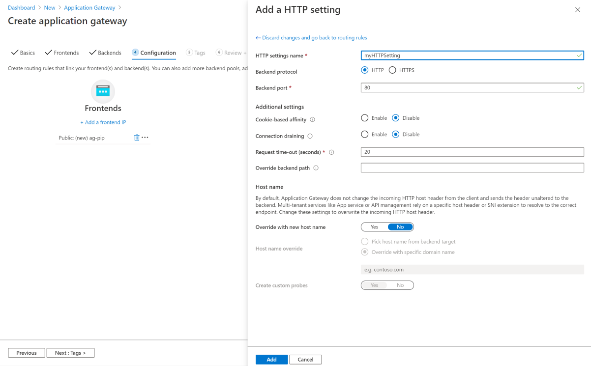 Captura de&nbsp;tela da adição de configuração HTTP na guia de configuração de Criar Gateway de Aplicativo