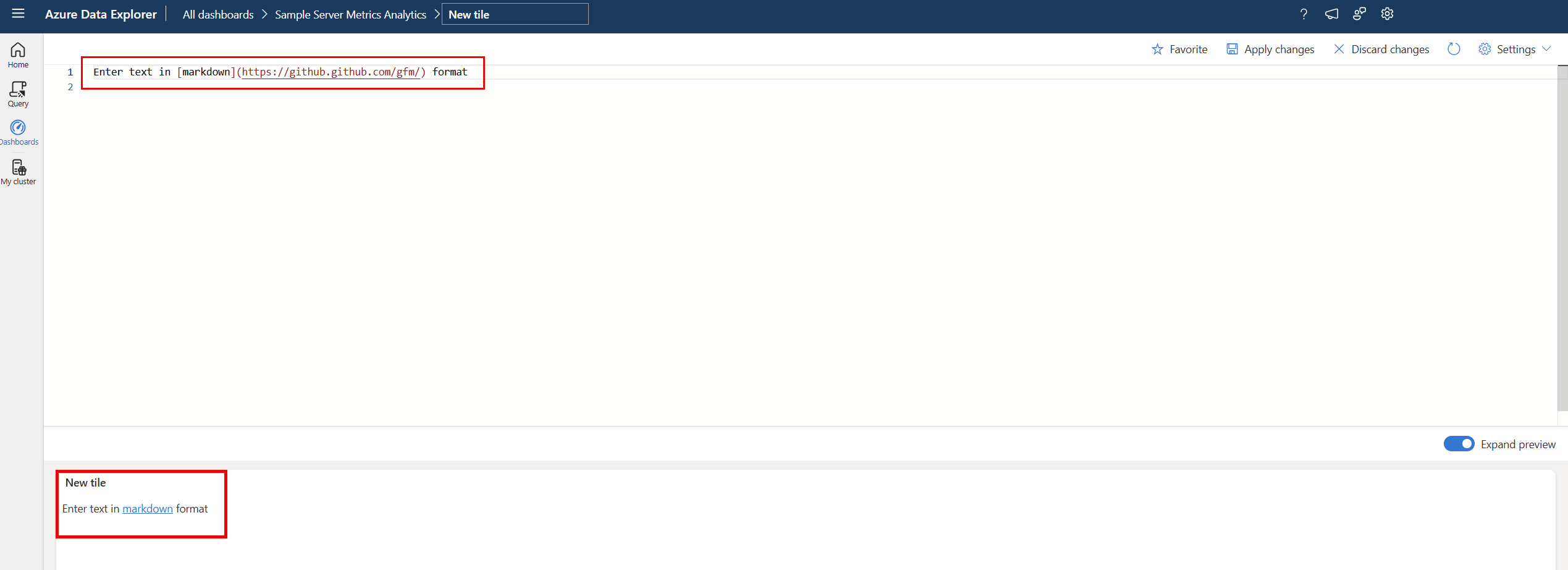 Captura de tela do painel de consulta do dashboard mostrando a sintaxe da imagem no texto Markdown.