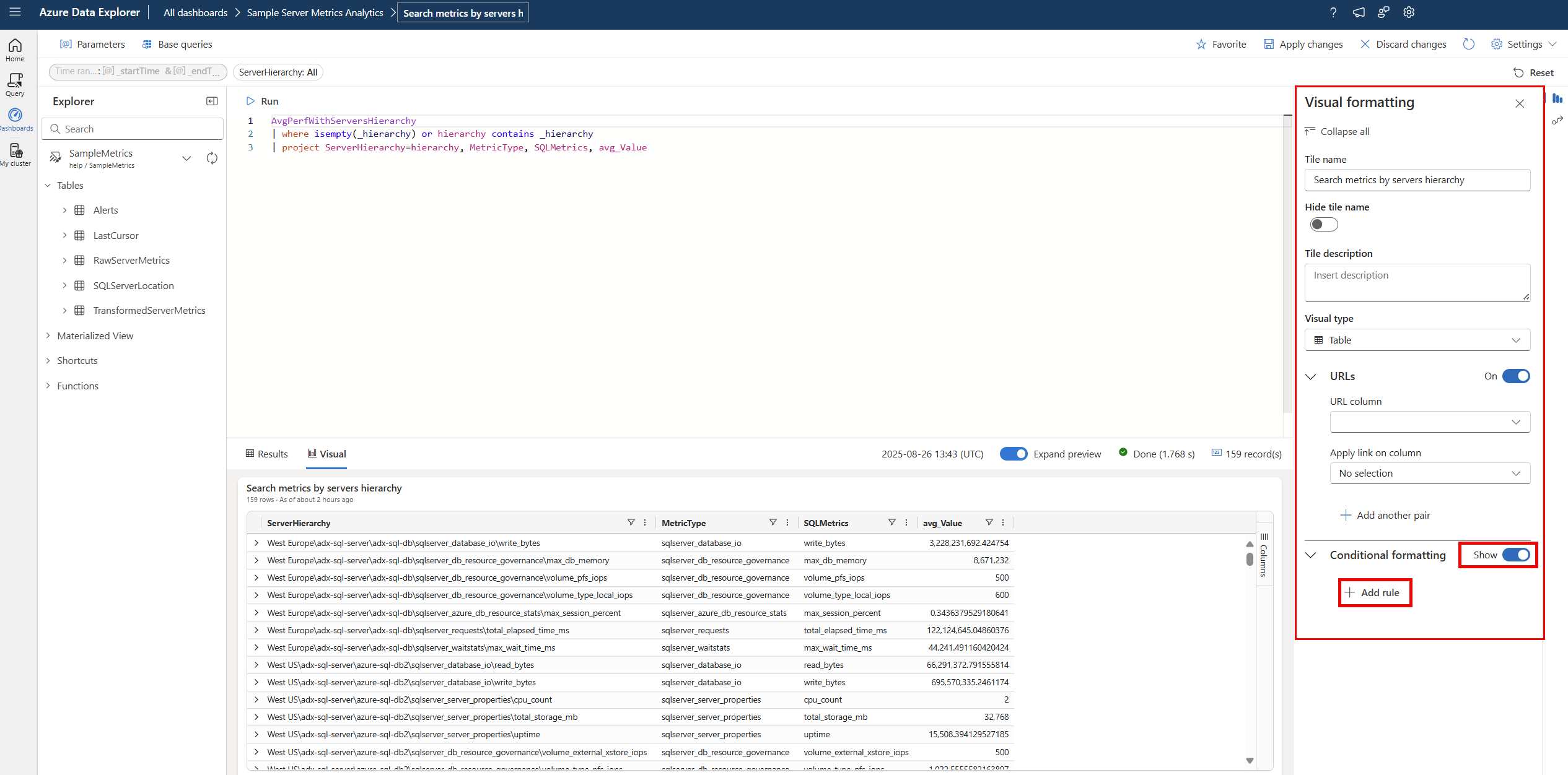 Captura de tela da adição de formatação condicional em painéis na interface do usuário da Web do Azure Data Explorer.