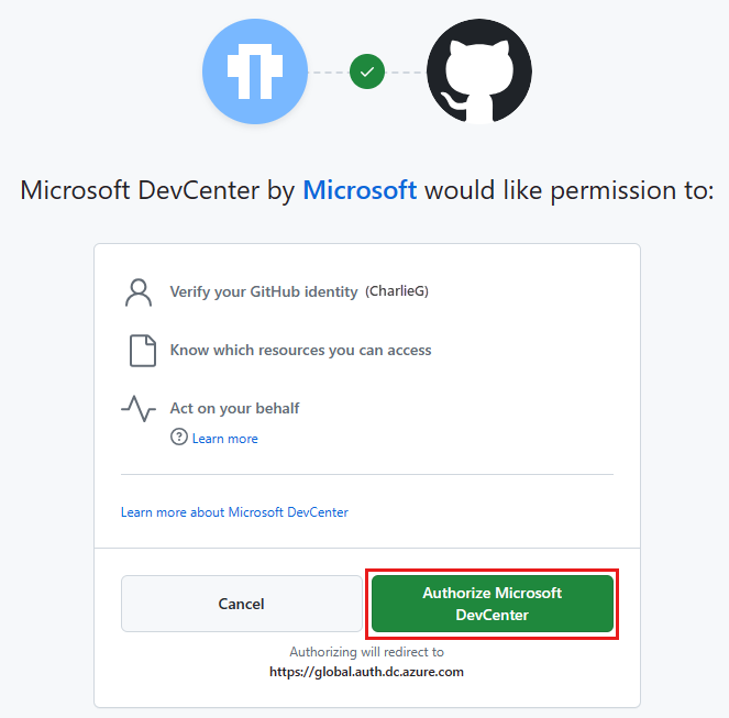 Captura de tela da página que solicita permissões do Centro de Desenvolvimento da Microsoft, com o botão para autorizar permissões realçado.