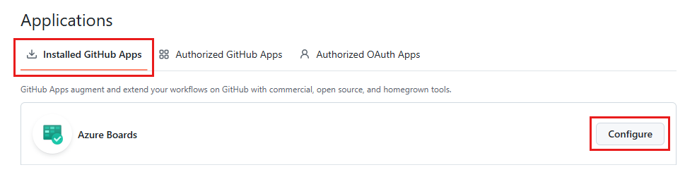 A captura de tela mostra os Aplicativos Do GitHub instalados com Placas do Azure e a opção Configurar.