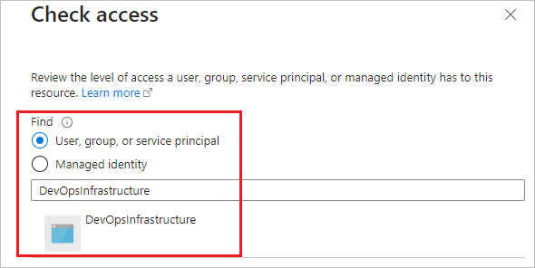 Captura de tela que mostra como selecionar o principal AzureDevOpsInfrastructure.