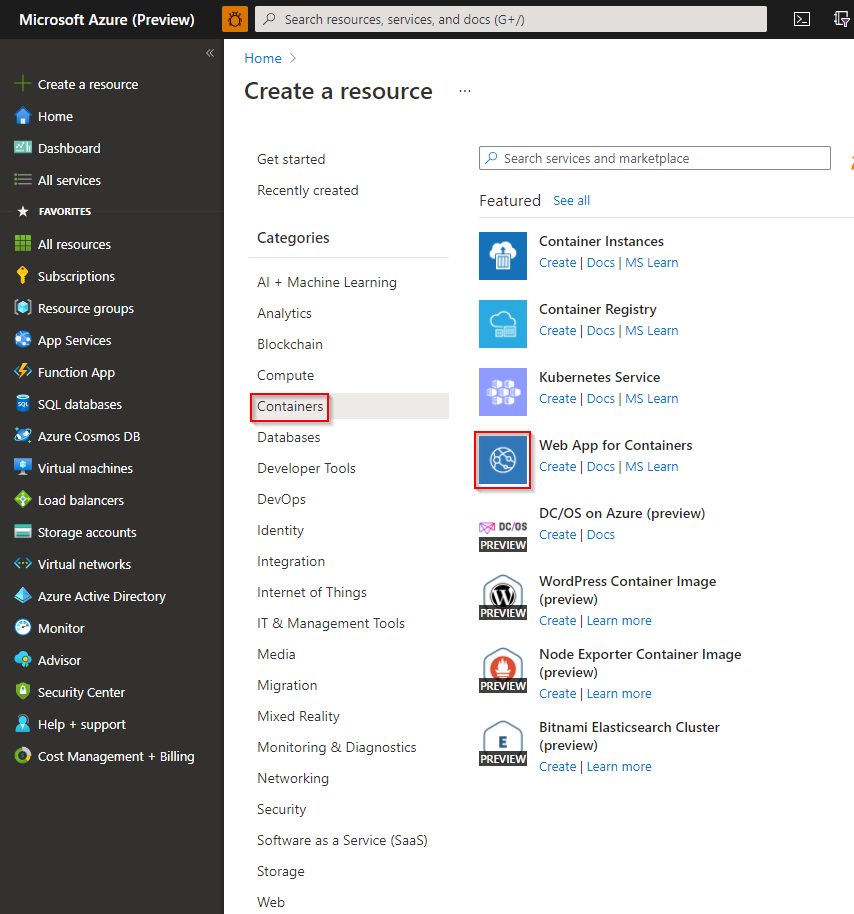Captura de tela da criação de um aplicativo Web para o recurso de contêineres.