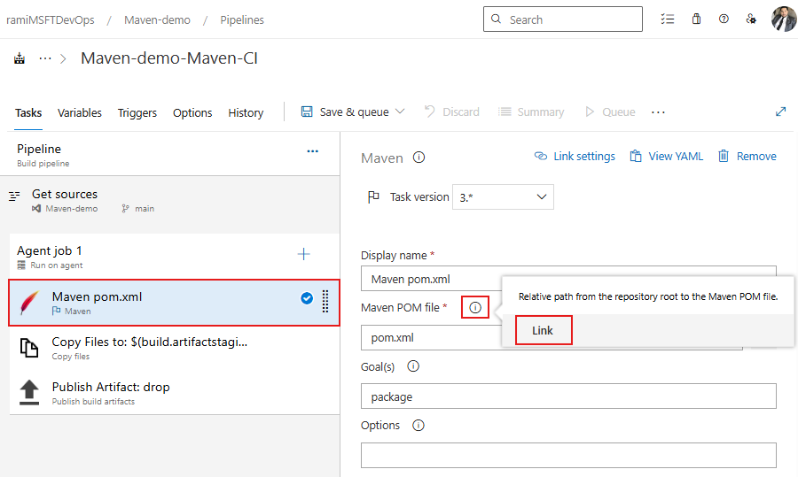 Uma captura de tela exibindo as informações e a janela de link para vincular um novo parâmetro de processo em um pipeline clássico.