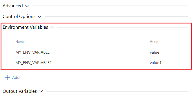Captura de tela que mostra variáveis de ambiente de tarefa.