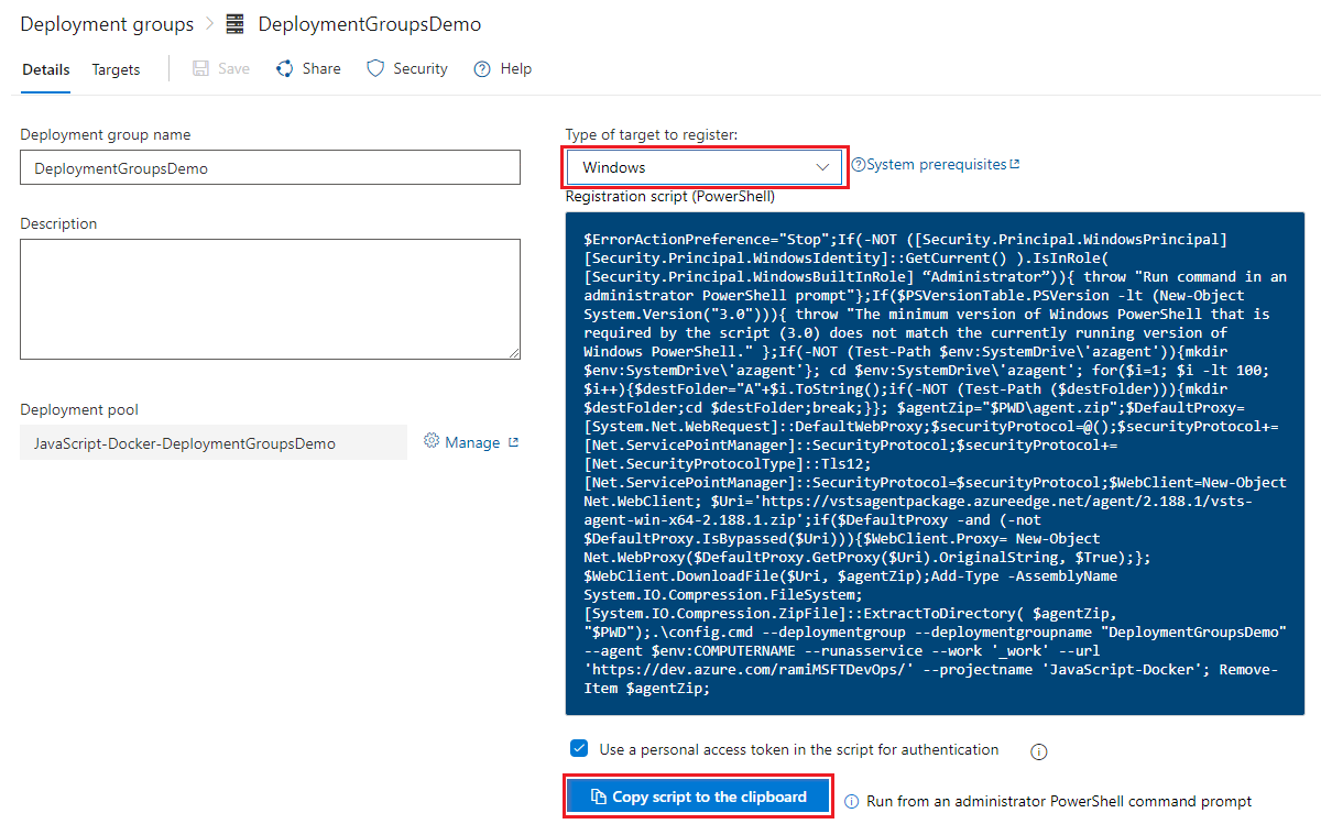 Uma captura de tela mostrando como criar um grupo de implantação no Azure Pipelines.