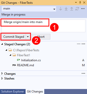 Captura de tela da mensagem de confirmação e do botão Confirmar Etapas na janela Alterações do Git do Visual Studio.