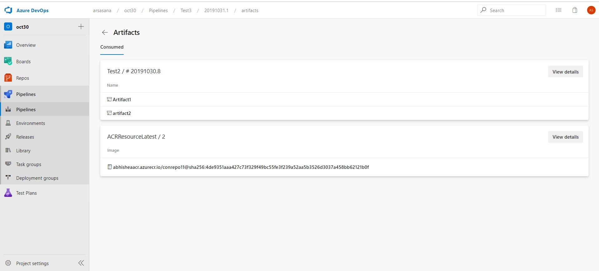 Captura de tela mostrando a página de Artefatos do pipeline.