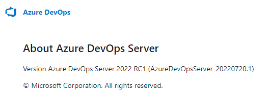 Captura de tela da página Sobre para Azure DevOps Server local mostrando a plataforma em uso e o número da versão da plataforma.