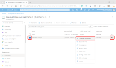 Captura de tela mostrando como exibir propriedades de contêiner no portal do Azure.