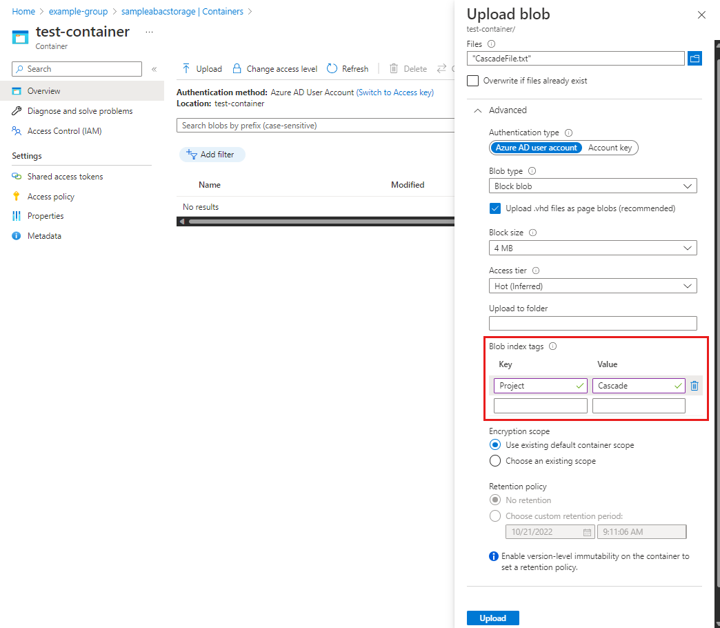 Captura de tela mostrando o painel de upload do blob com a seção de tags de índice de blog.