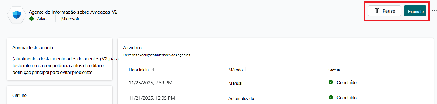 Colocar em pausa ou executar o agente