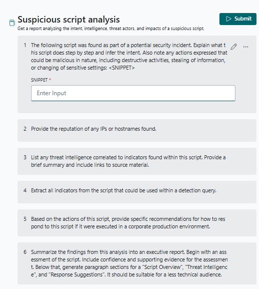 Captura de ecrã a mostrar a análise de scripts suspeitos num promptbook.