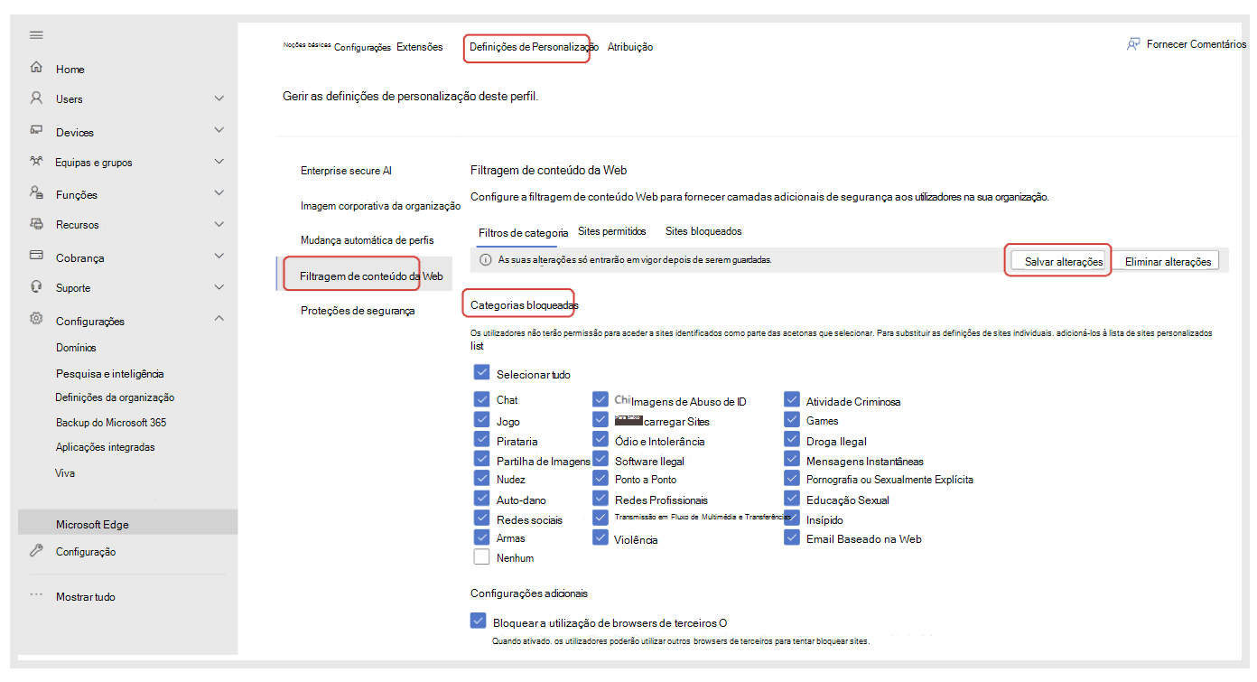 Escolha categorias bloqueadas para filtragem de conteúdo Web.