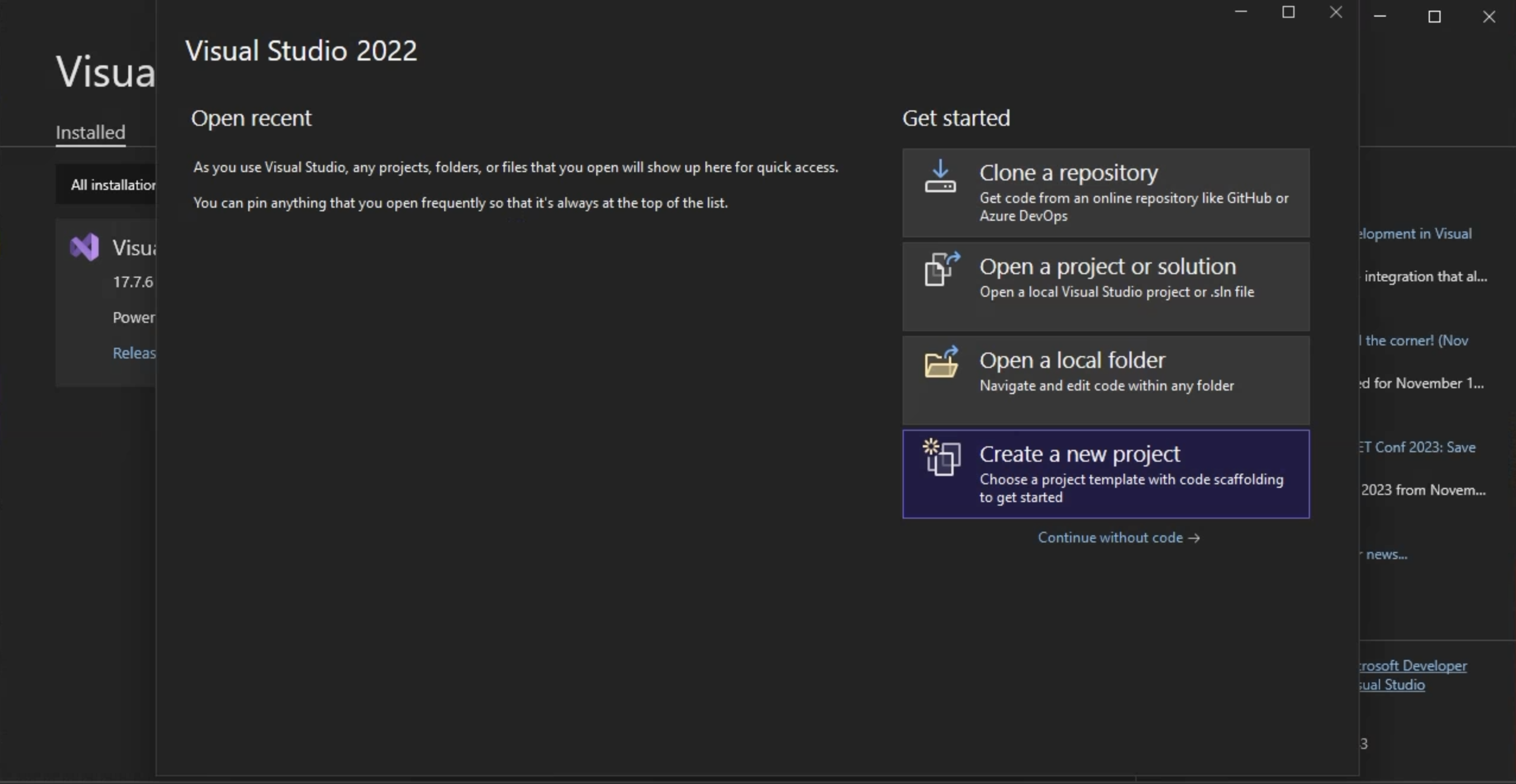 Selecione o menu Novo projeto