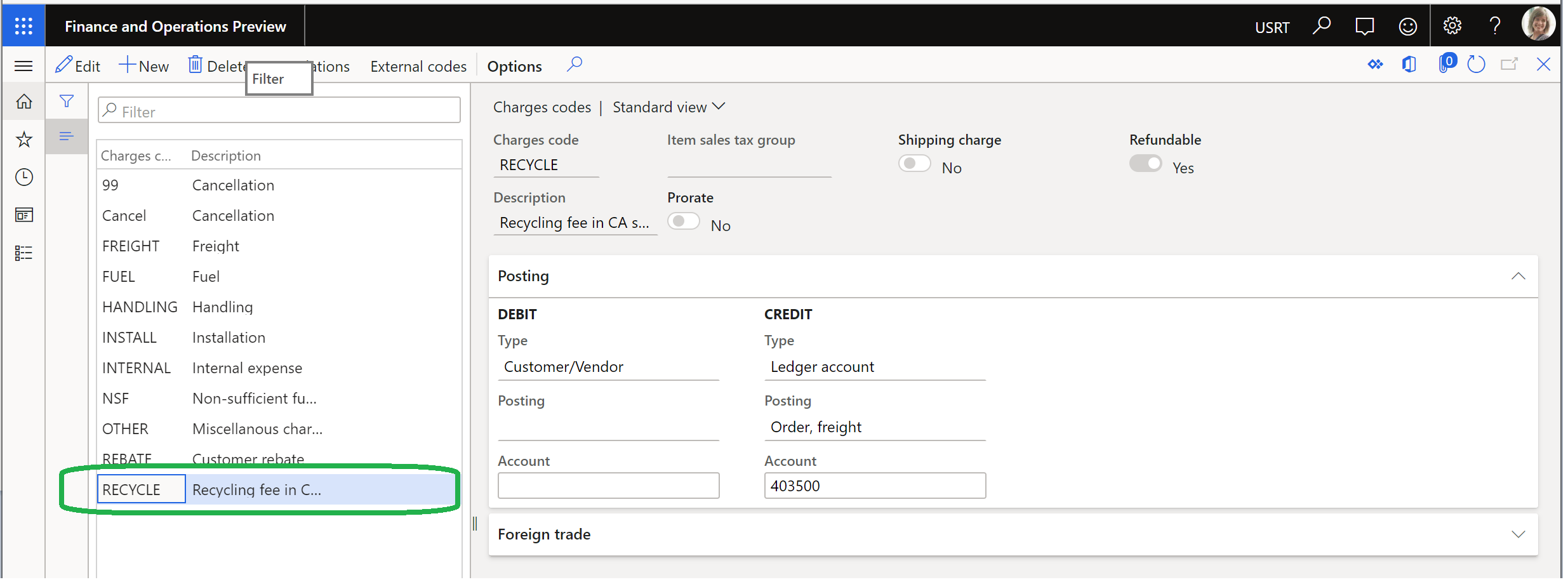 Captura de tela da configuração de código de encargos RECYCLE.