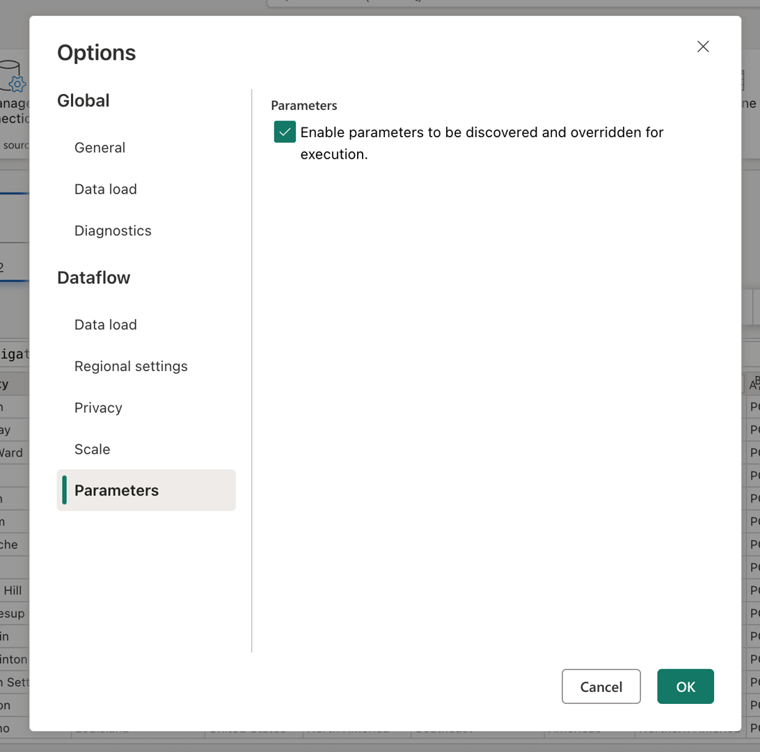 Captura de tela da caixa de diálogo de opções no Dataflow Gen2 com a seção Parâmetros mostrando a configuração 
