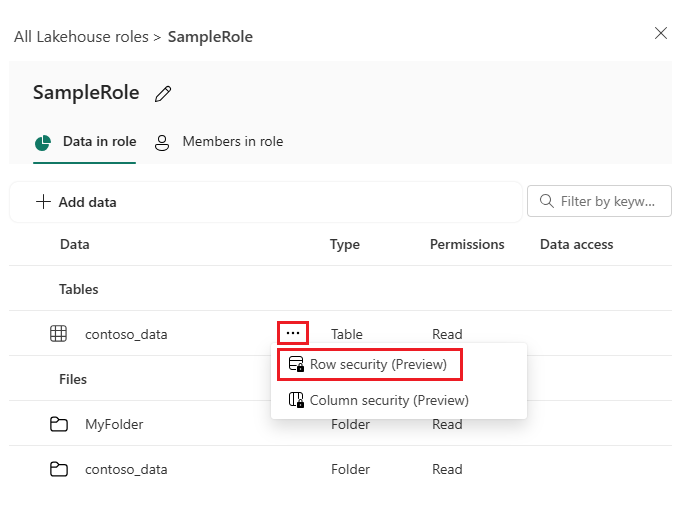 Captura de tela mostrando a seleção de 'segurança em nível de linha' para editar permissões em&nbsp;uma tabela.