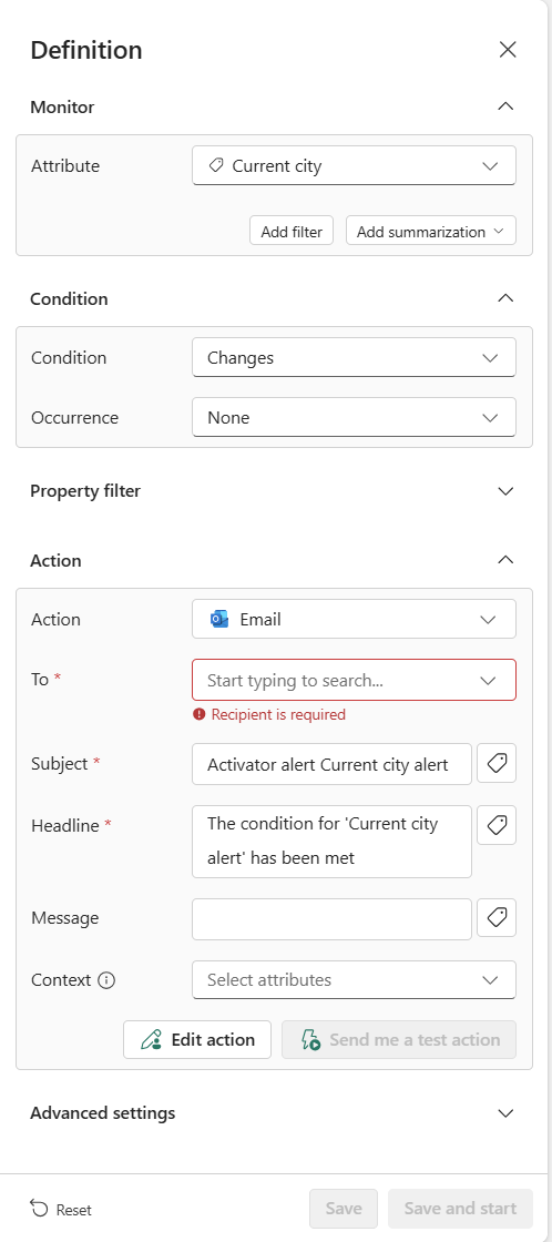 Captura de tela mostrando o painel Definição.
