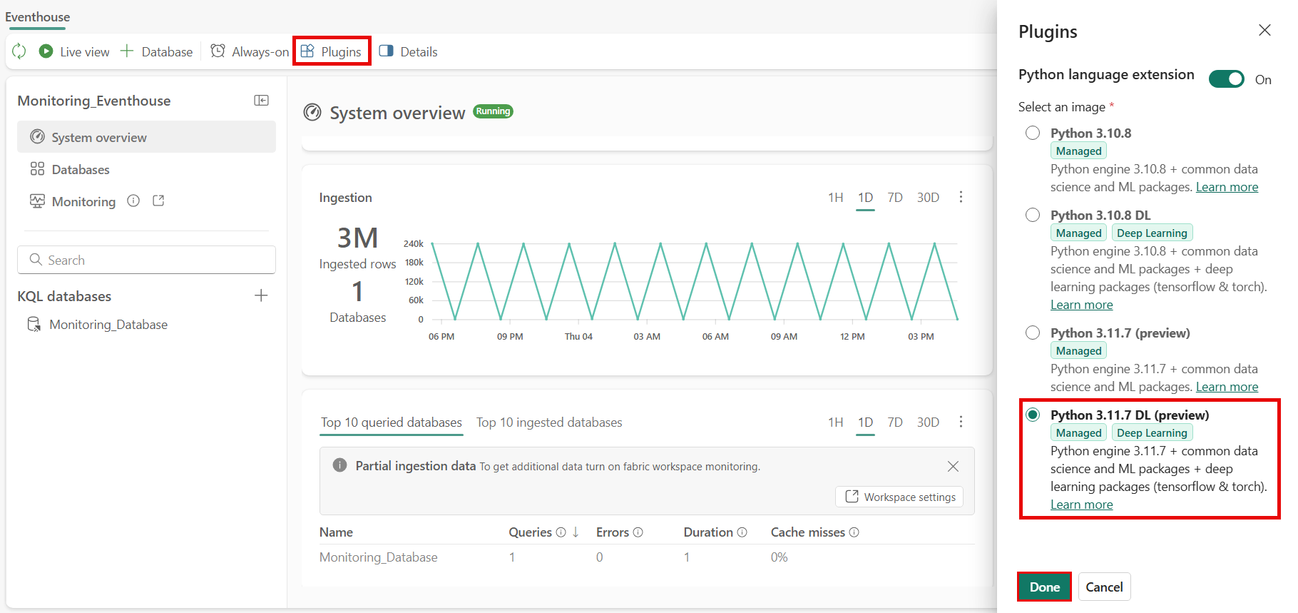 Captura de tela da habilitação do plug-in do Python no Eventhouse.