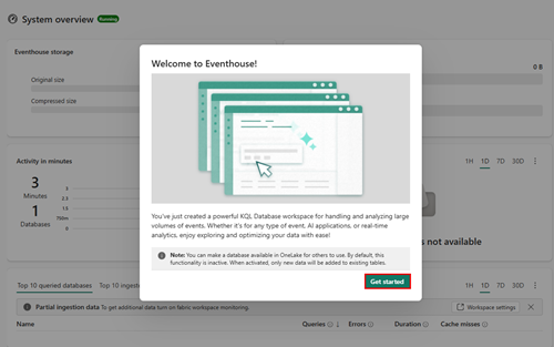 Captura de tela da interface de boas-vindas do Eventhouse com o botão Introdução realçado.