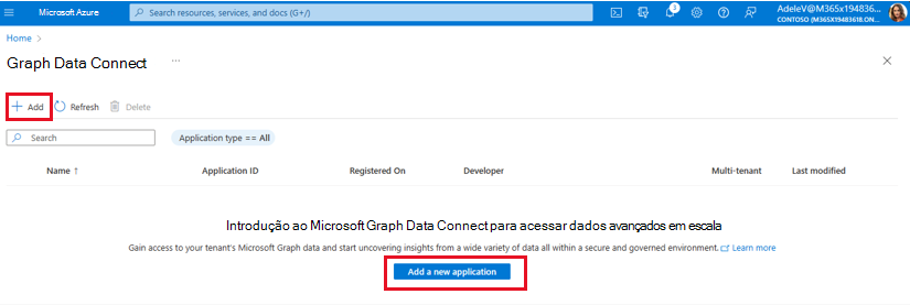Uma captura de ecrã que mostra o portal do Azure Data Factory para criar uma nova aplicação.