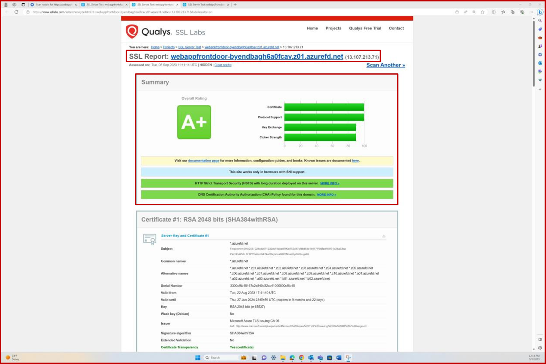 Análise SSL por relatório da Qualys com certificado de classificação A+ n.º 1.