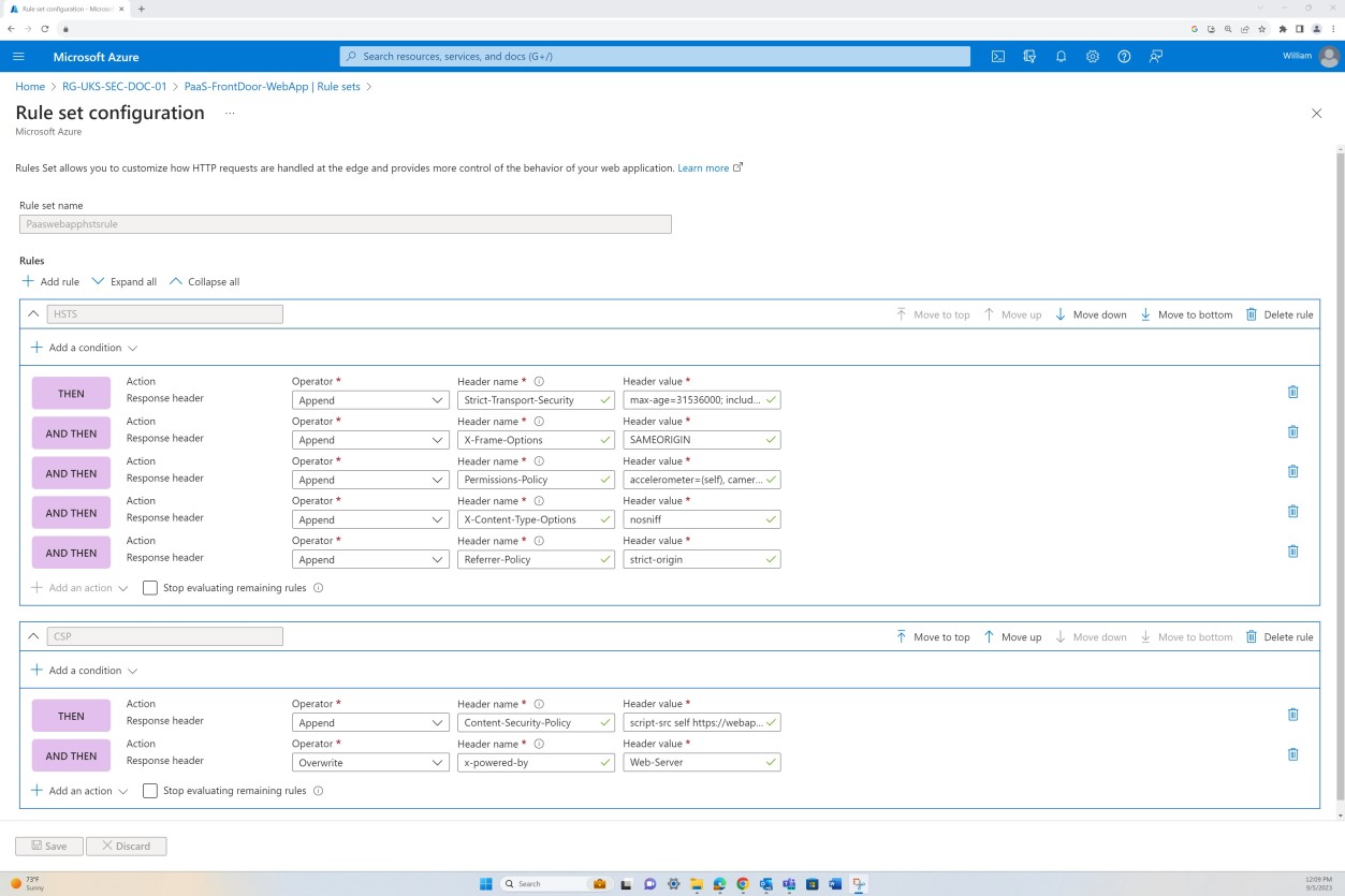 Tabelas de configuração do conjunto de regras de configuração do Azure Front Door