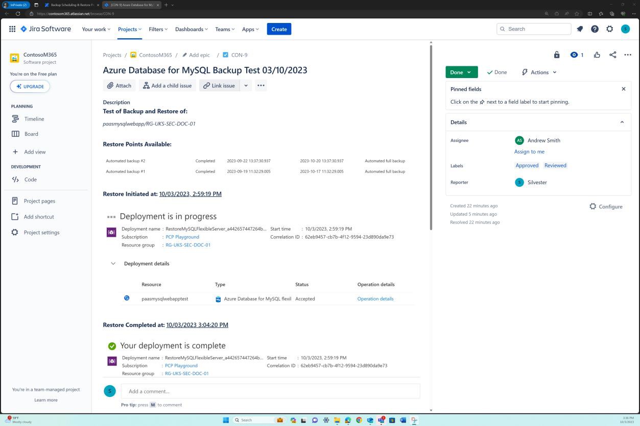 Pedido de cópia de segurança do Jira para a base de dados do Azure mySQL.