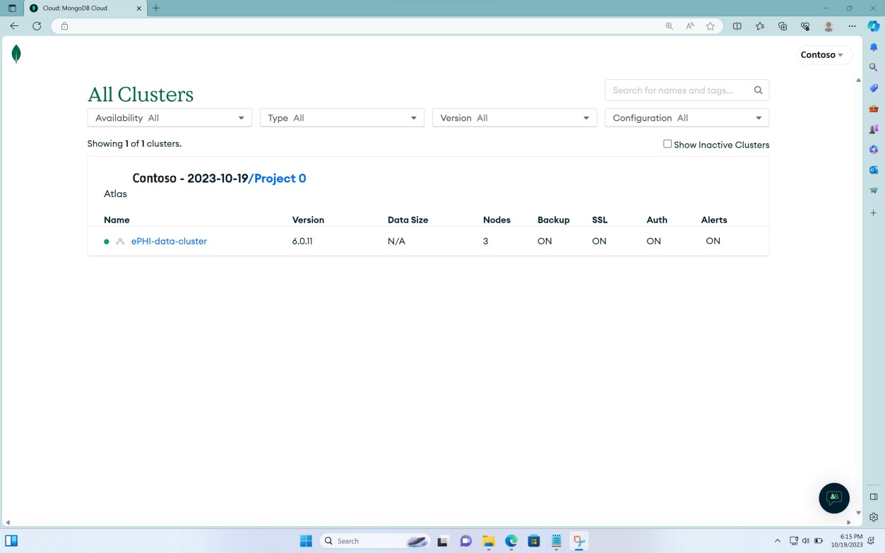 Página clusters da Cloud do MongoDB com o cluster de dados ePHI listado no Project 0.