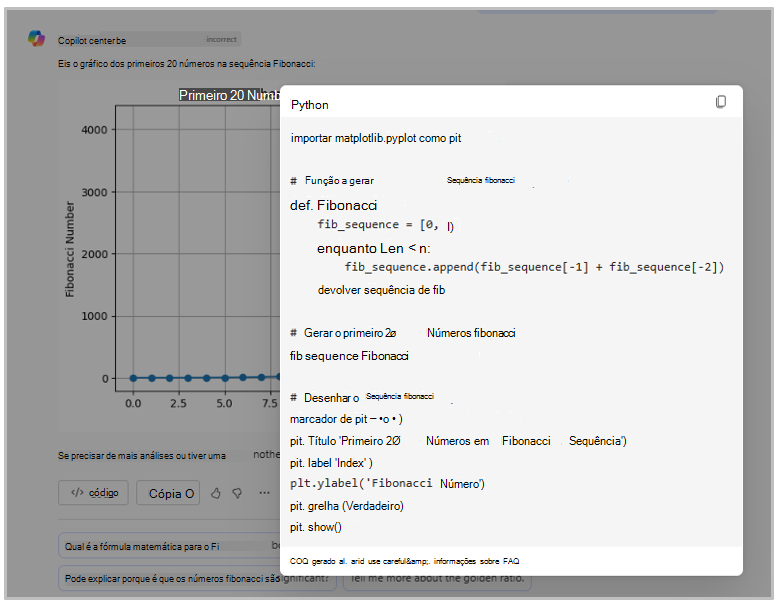 Captura de ecrã a mostrar o código Python para grafar os primeiros 20 números de uma sequência Fibonacci.