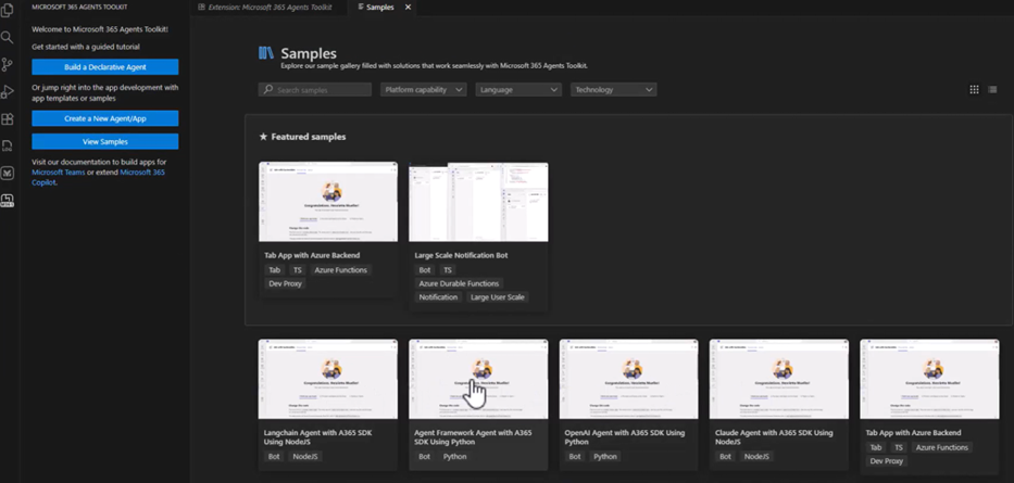 Captura de tela da Vista de Boas-Vindas do Toolkit com opções Construir um Agente Declarativo, Criar um Novo Agente ou App, e Visualizar Exemplos.