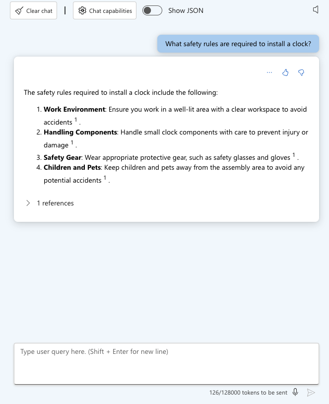 Sessão de chat do Azure OpenAI Studio – Regras de segurança de instalação do relógio
