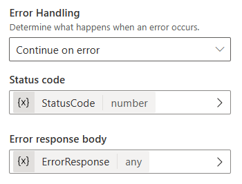 Captura de tela do painel 'Propriedades da solicitação HTTP' para um nó 'Solicitação HTTP' mostrando a configuração do tratamento de erros, para continuar no erro. As variáveis para o código de status e o corpo da resposta ao erro são selecionadas.